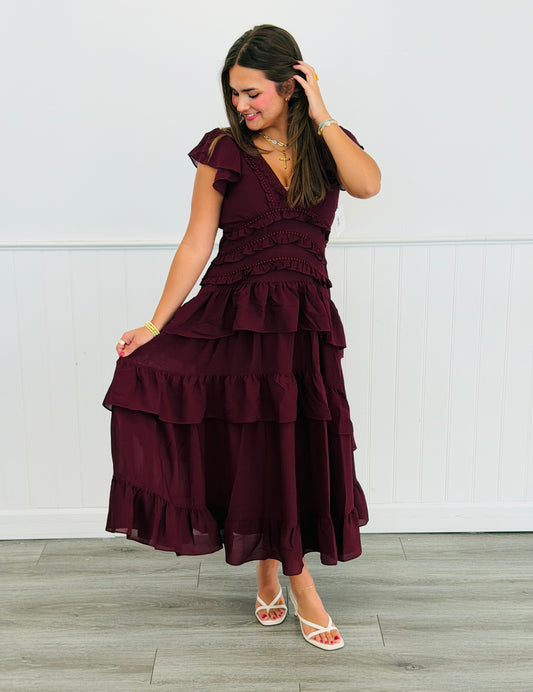 Dark Wine Ruffled Tiered  Midi Dress (Reg & Plus)