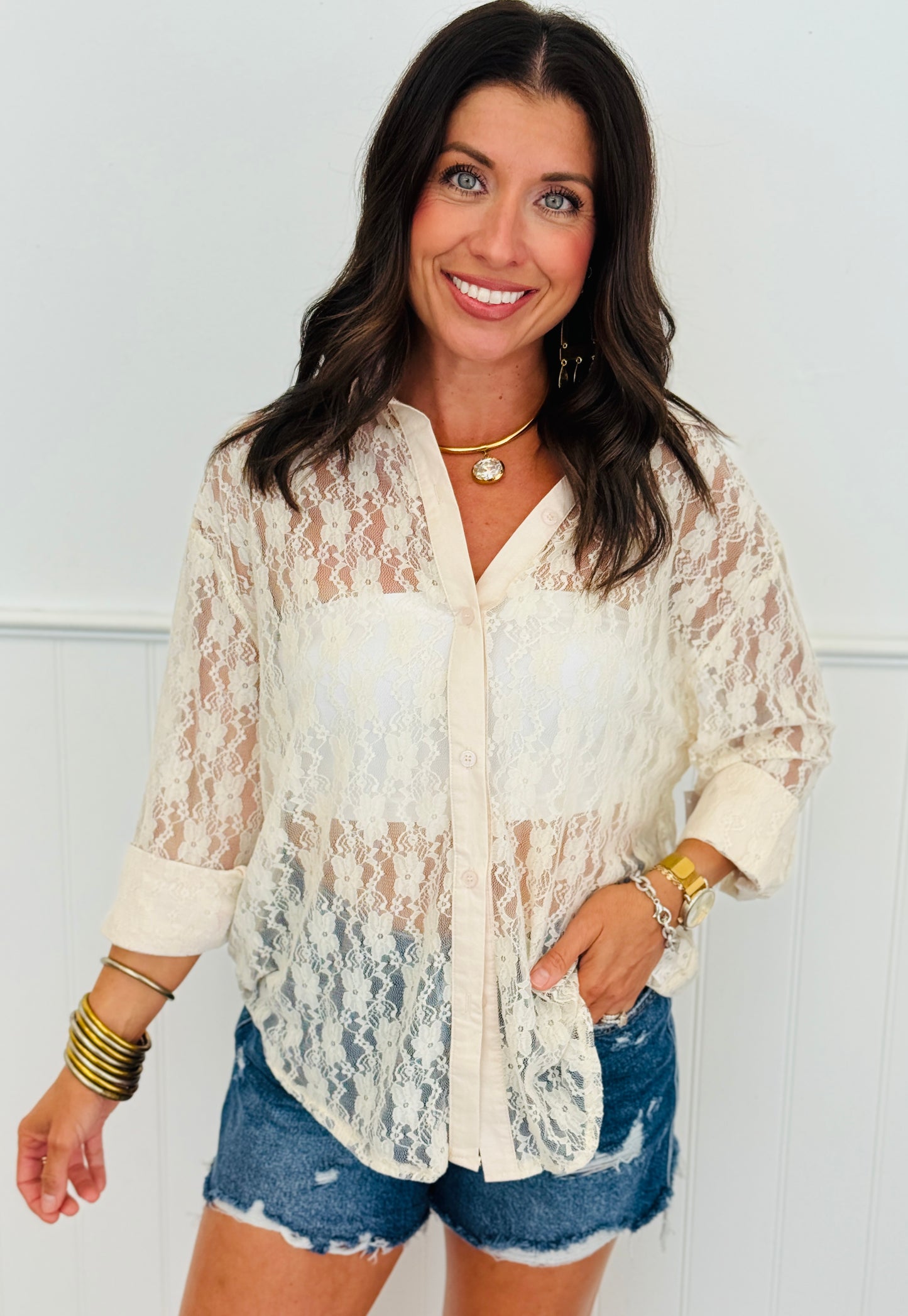 Ivory Lace Kathryn Button-Up Blouse (Reg. and Plus)