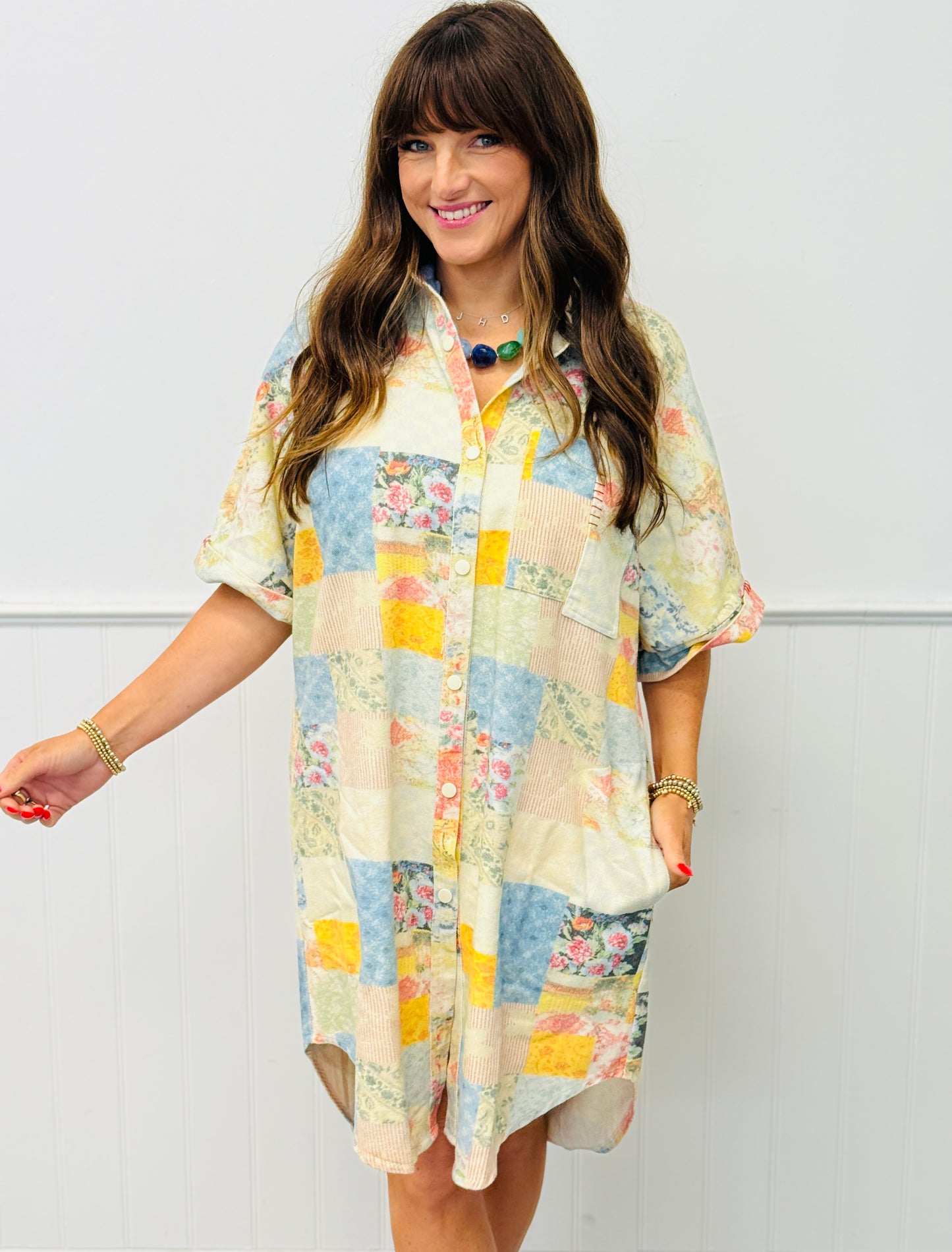 Patchwork Denim Shirt Dress (Reg & Plus)