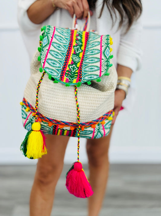 Beige Magdalena Aztec Backpack With Tassels