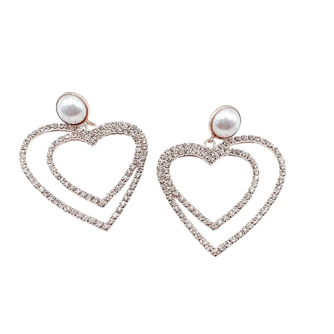 TJ - Pearl Crystal Double Heart Earrings