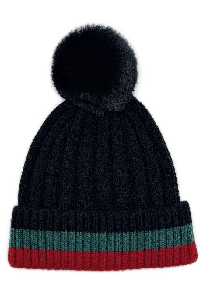 Black w/Green & Red Striped Pom Beanie