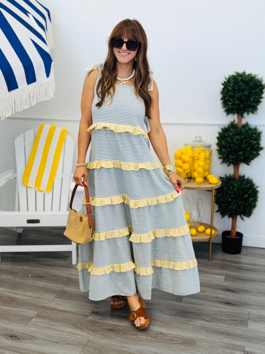 Blue/Yellow Striped Tiered Maxi Dress (Reg. and Plus)