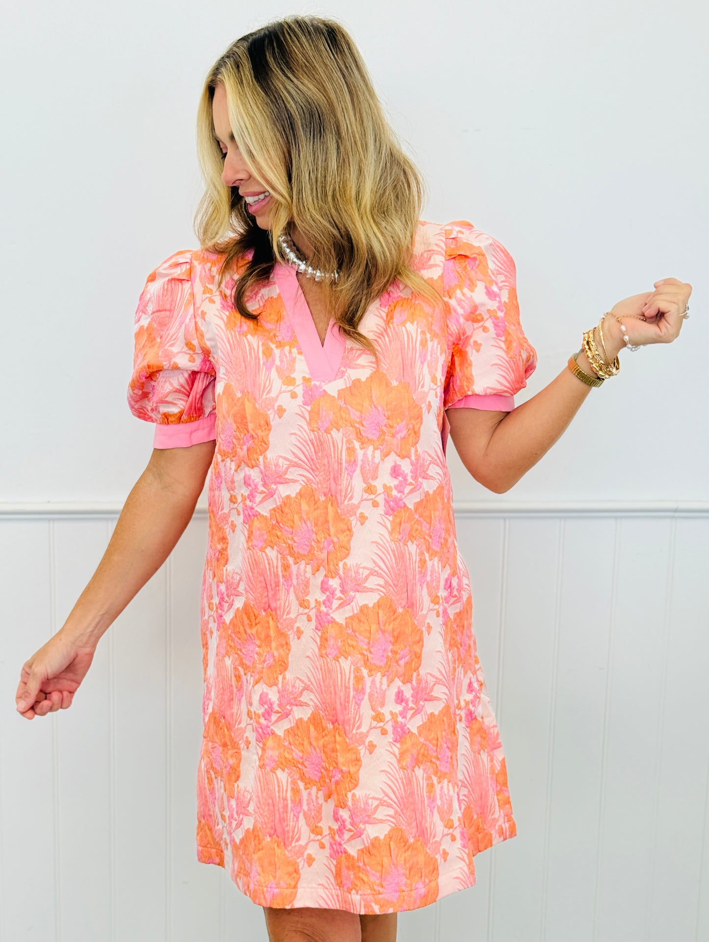Peach Mix Floral Jacquard Mini Shift Dress (Reg.)
