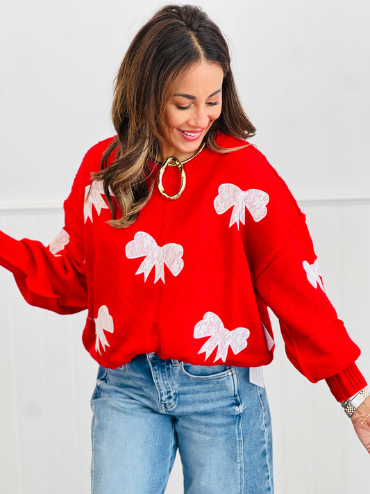 Red Lace Bow Patch Sweater Top (Reg & Plus)
