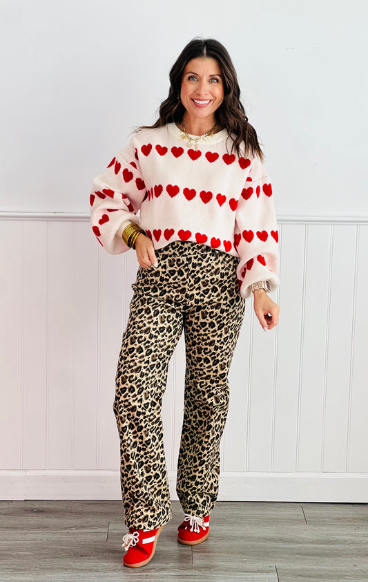 Cream Heart Pattern Sweater Top (Reg. & Plus)