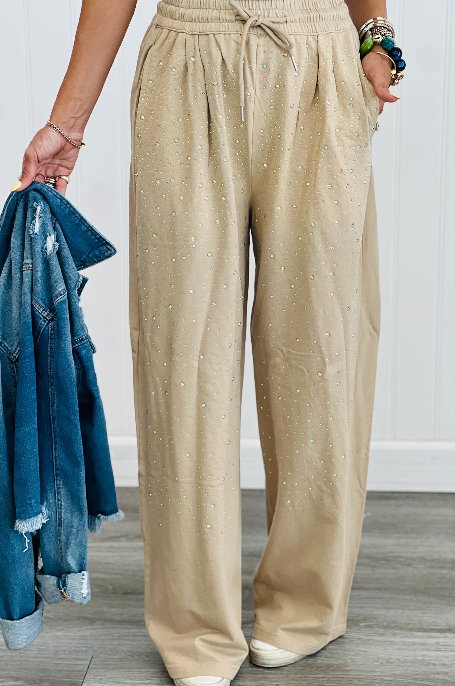 Sand Rhinestone Wide Leg Pants (Reg. and Plus)