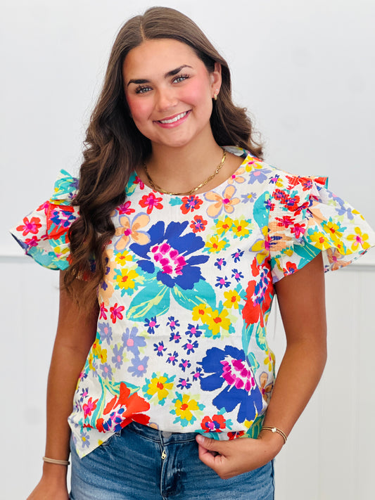 White Multi Floral Flutter Sleeve Top (Reg & Plus)
