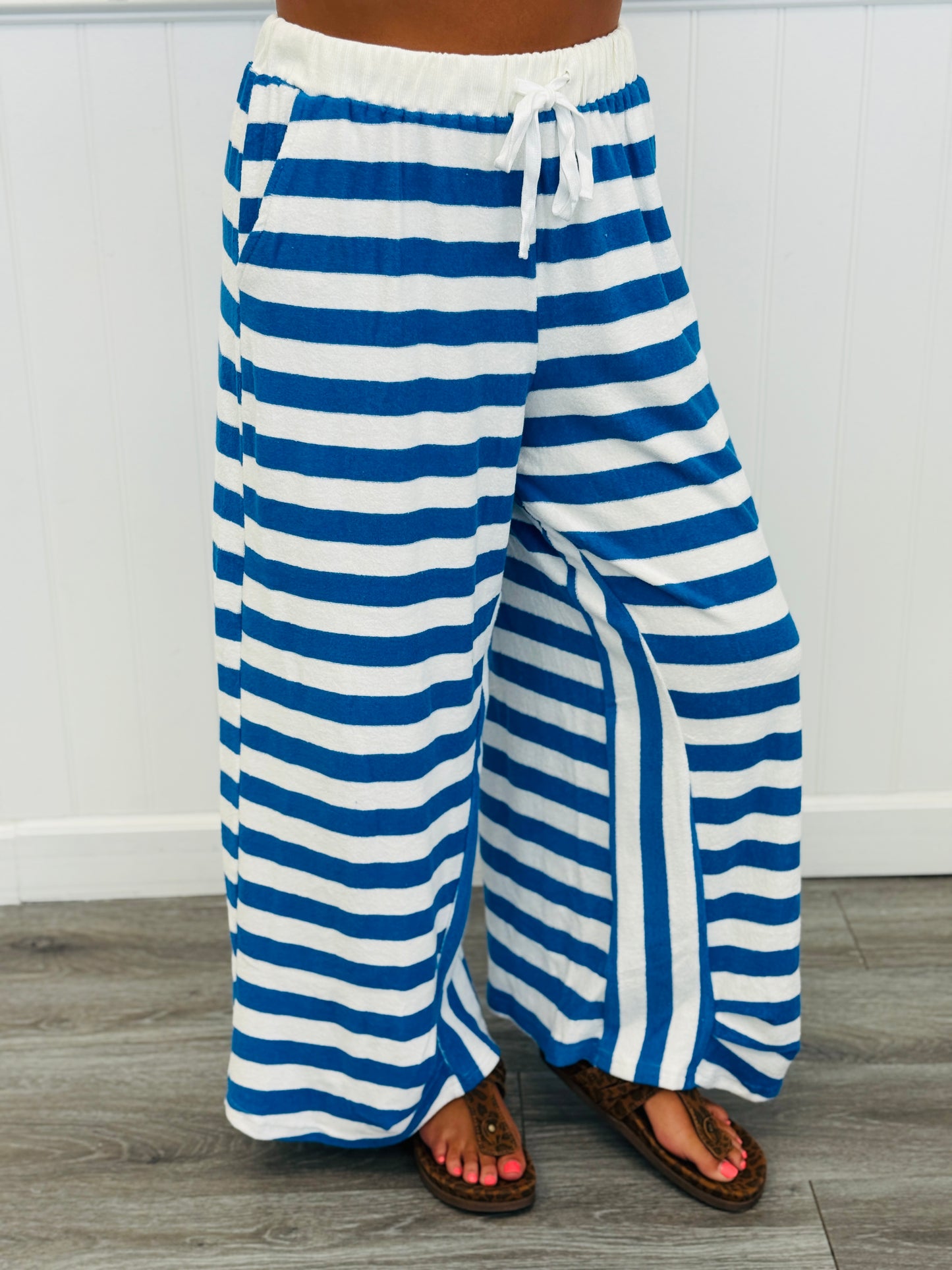 Sea Blue Striped French Terry Top & Pants Set (Reg. and Plus)