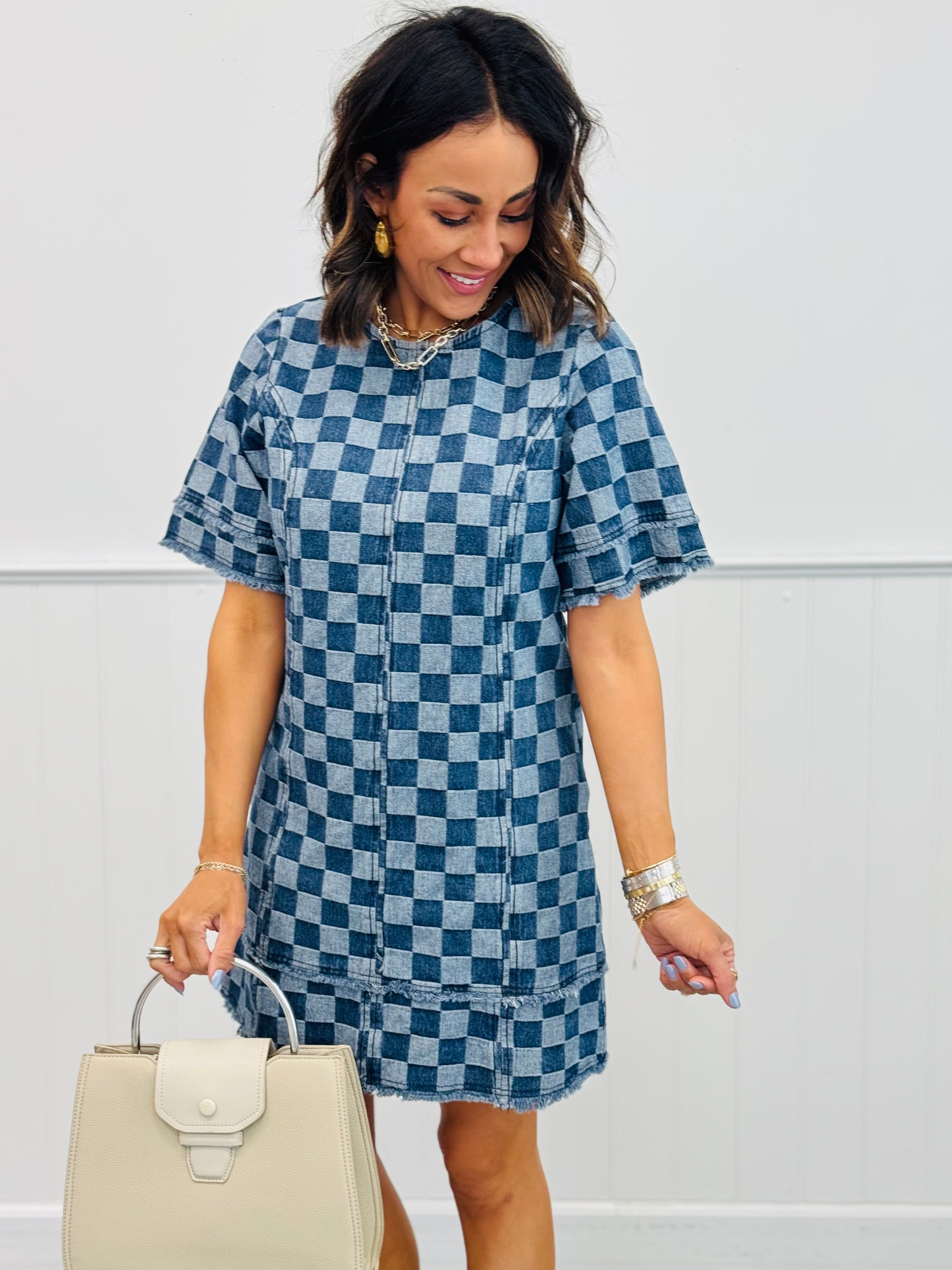 Denim Checkered Mini Dress ( Reg. and Plus)