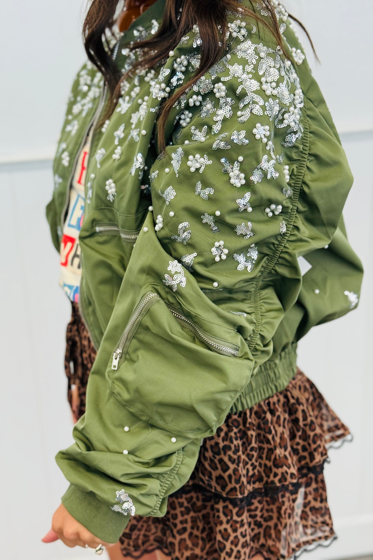 Olive Beaded Sequin Zip Up Jacket (Reg.)