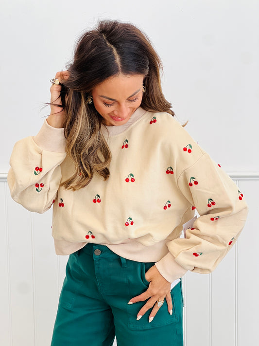 Queen Of Sparkles Tan Jeweled Cherry Sweatshirt (Reg. and Plus)