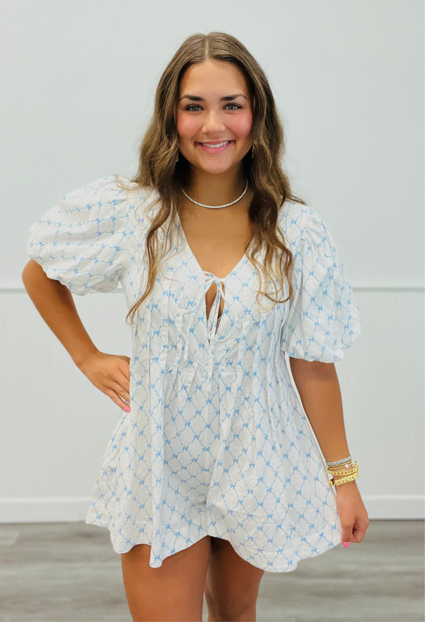 White/Blue Ribbon Bow Printed Bubble Sleeve Romper (Reg.)