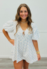 White/Blue Ribbon Bow Printed Bubble Sleeve Romper (Reg.)