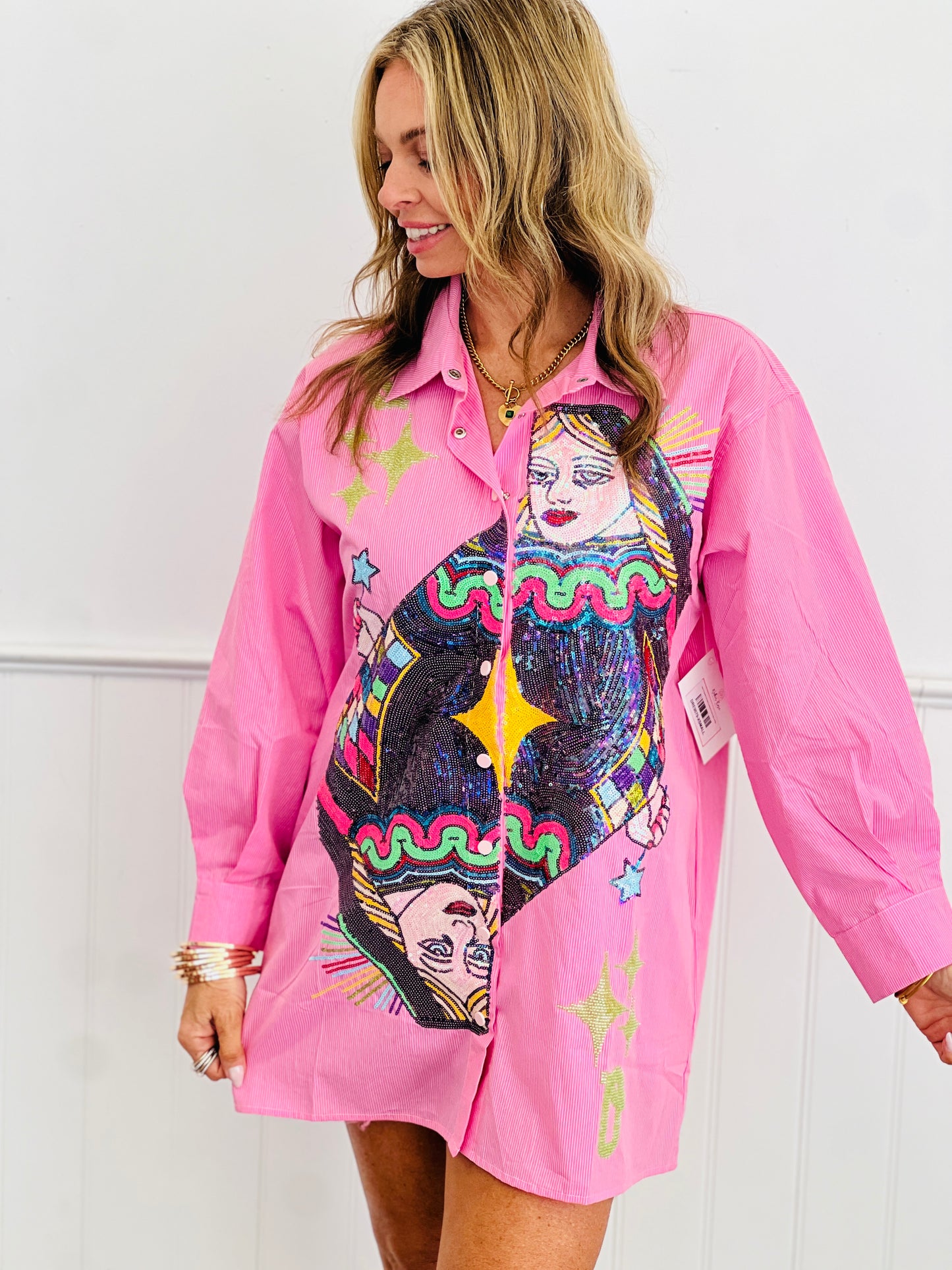 Queen Of Sparkles Pink Queen Card Button Up Dress (Reg. and Plus)