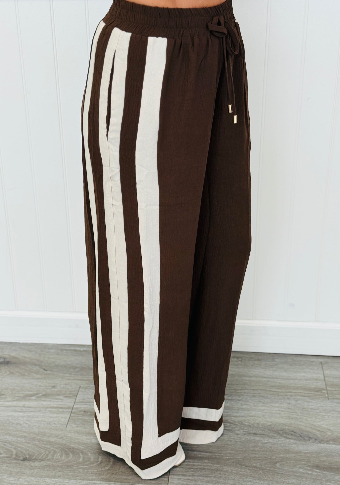 Chocolate Contrast Stripe Shirt & Pants Set (Reg & Plus)