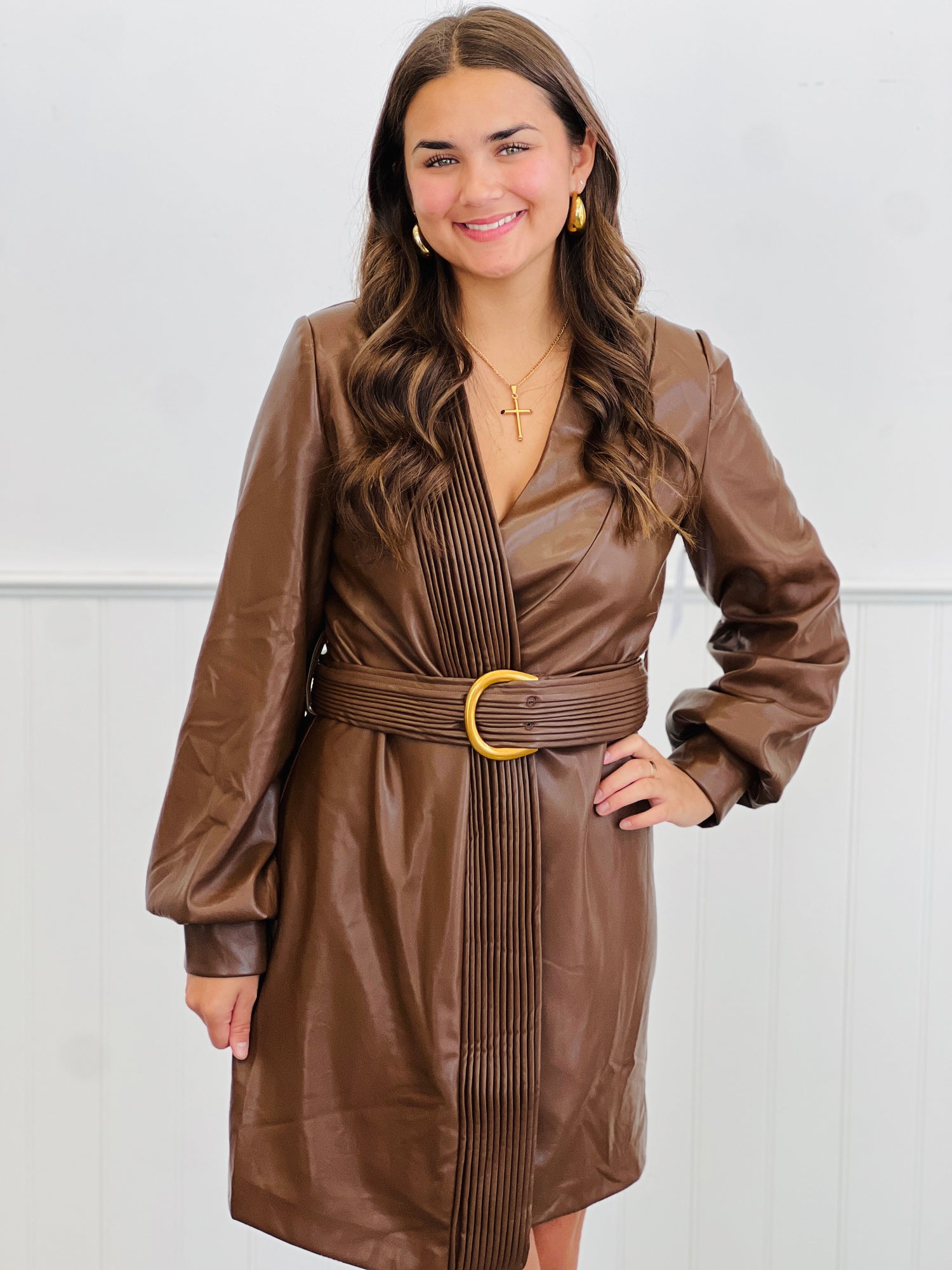 Brown Faux Leather Buckle Wrap Mini Dress (Reg.) Walker Rose Boutique Brown Faux Leather Buckle Wrap Mini Dress (Reg.) Walker Rose Boutique