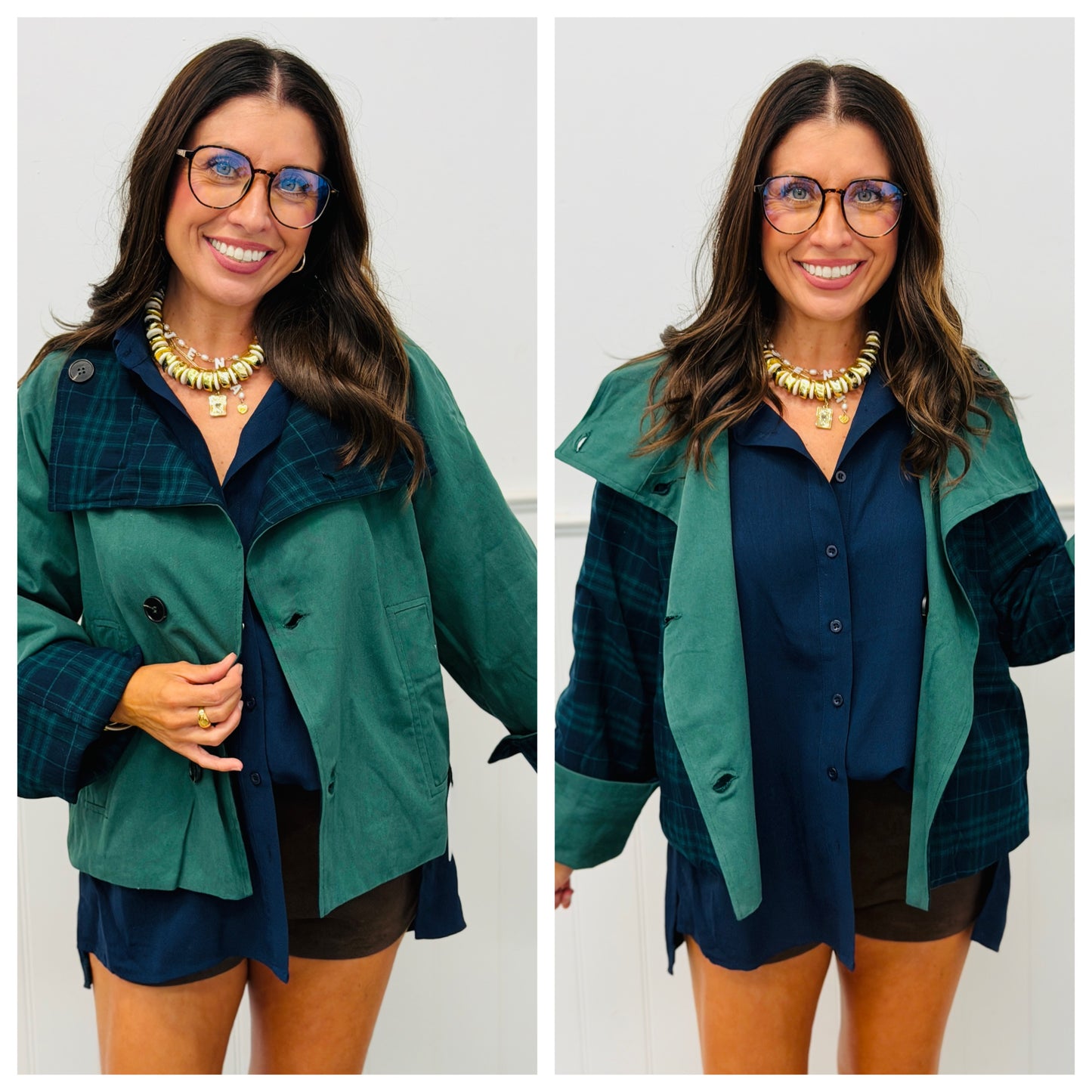 Hunter/Navy Reversible Crop Trench Jacket (Reg & Plus)