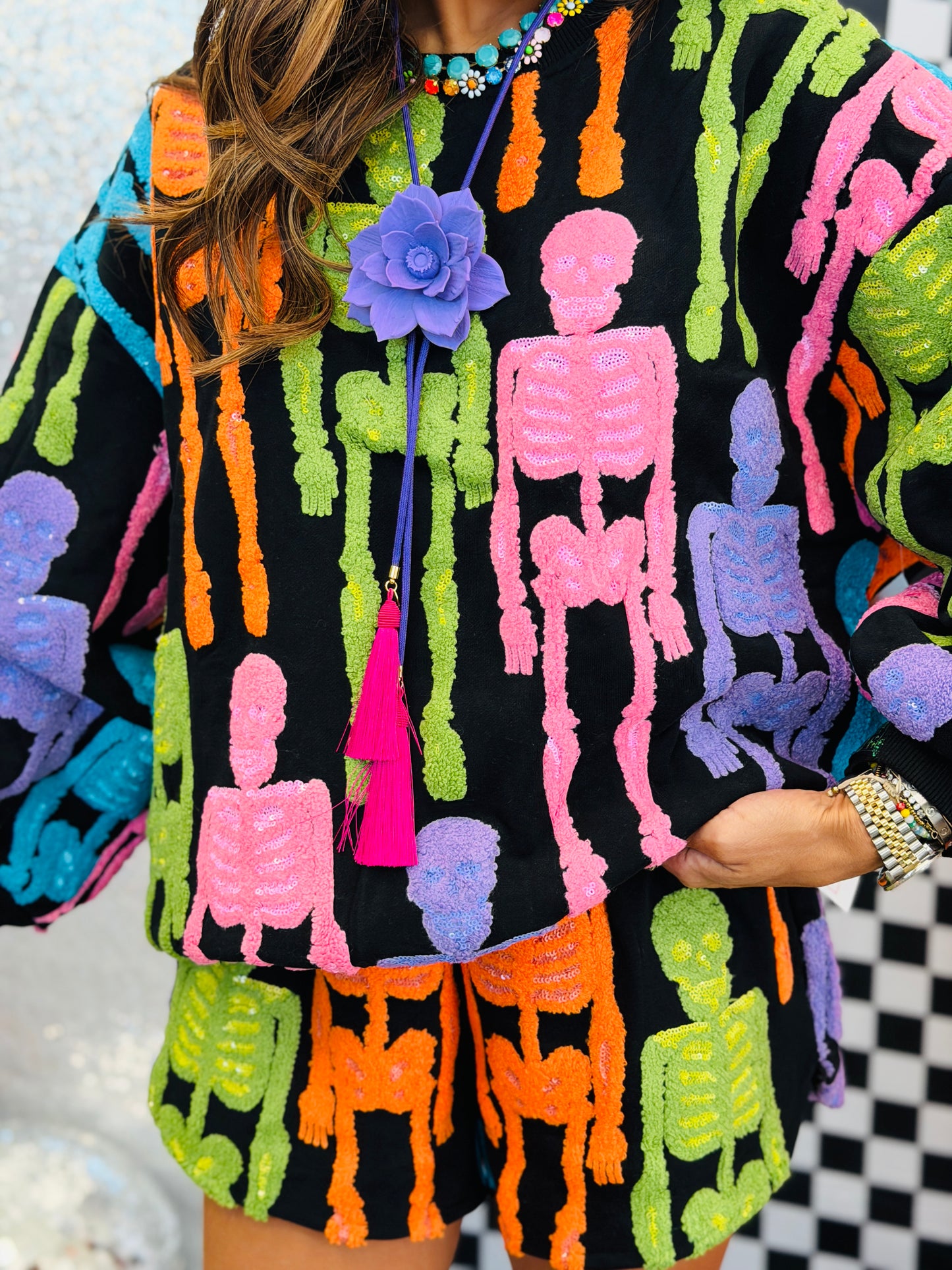 Queen Of Sparkles Black Multi Fuzzy Skeleton Sweatshirt (Reg. and Plus)