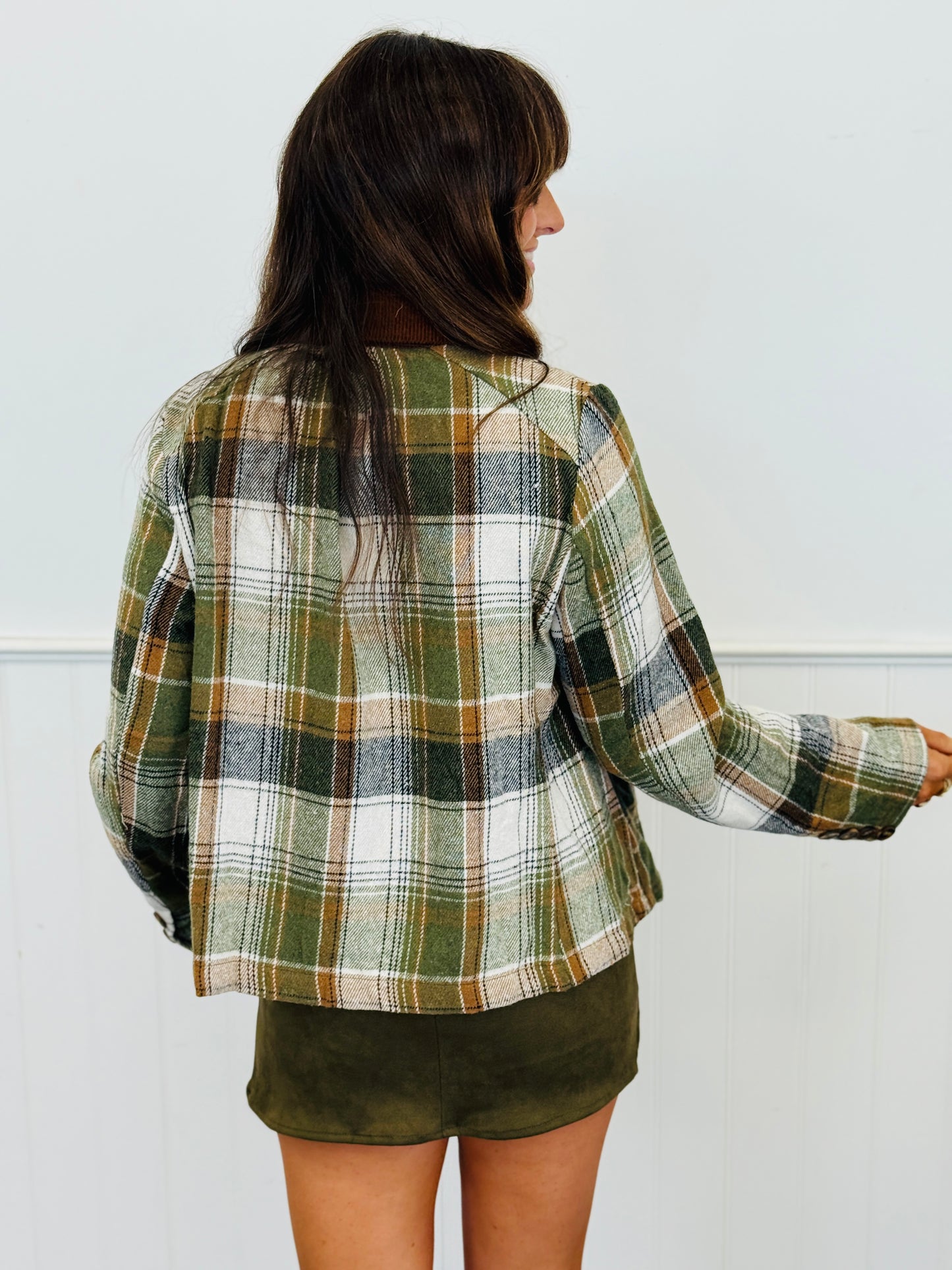 Olive/Brown Plaid Barn Jacket (Reg & Plus)