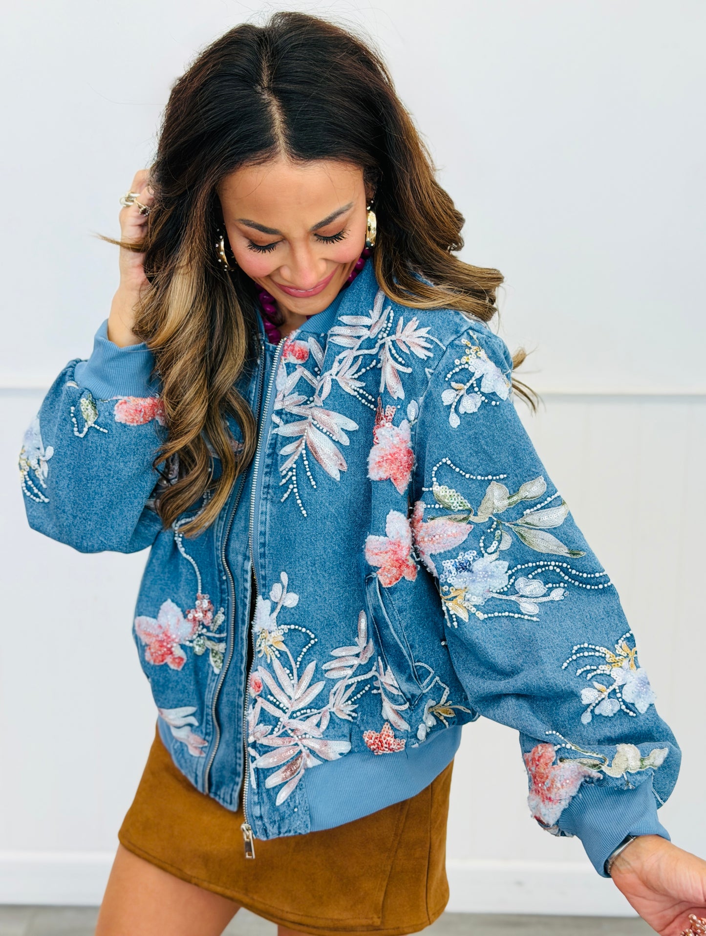 Light Denim Floral Beaded Sequin Zip Up Jacket (Reg.)