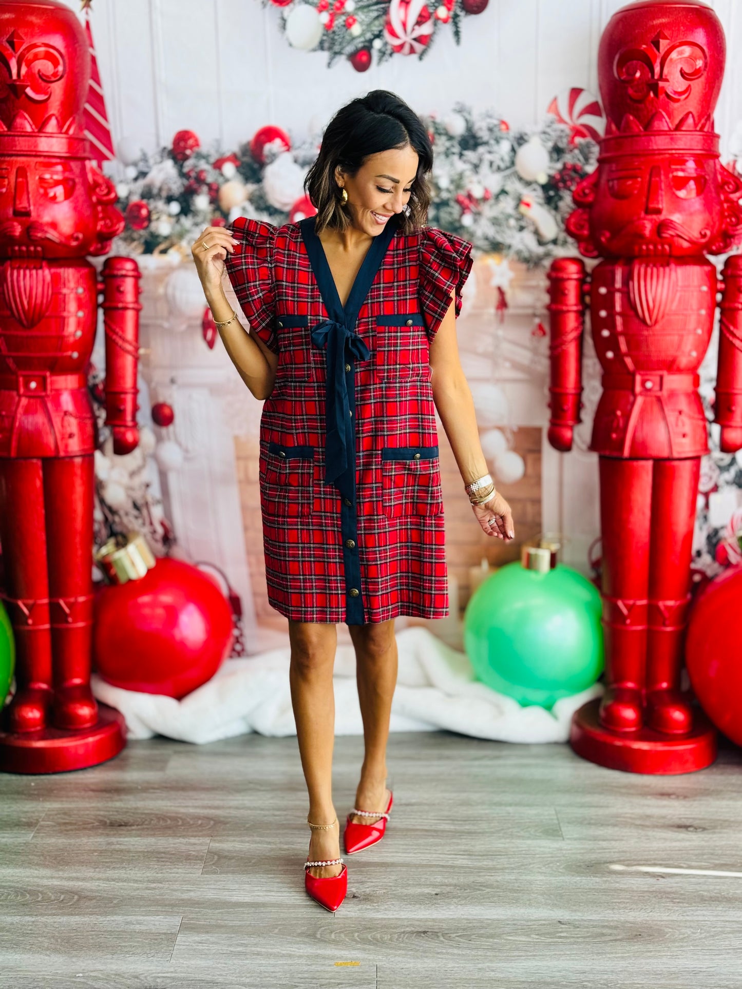 Tie Bust Red Plaid Mini Dress (Reg)