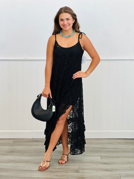 Black Barely There Floral Lace Midi Dress (Reg.)