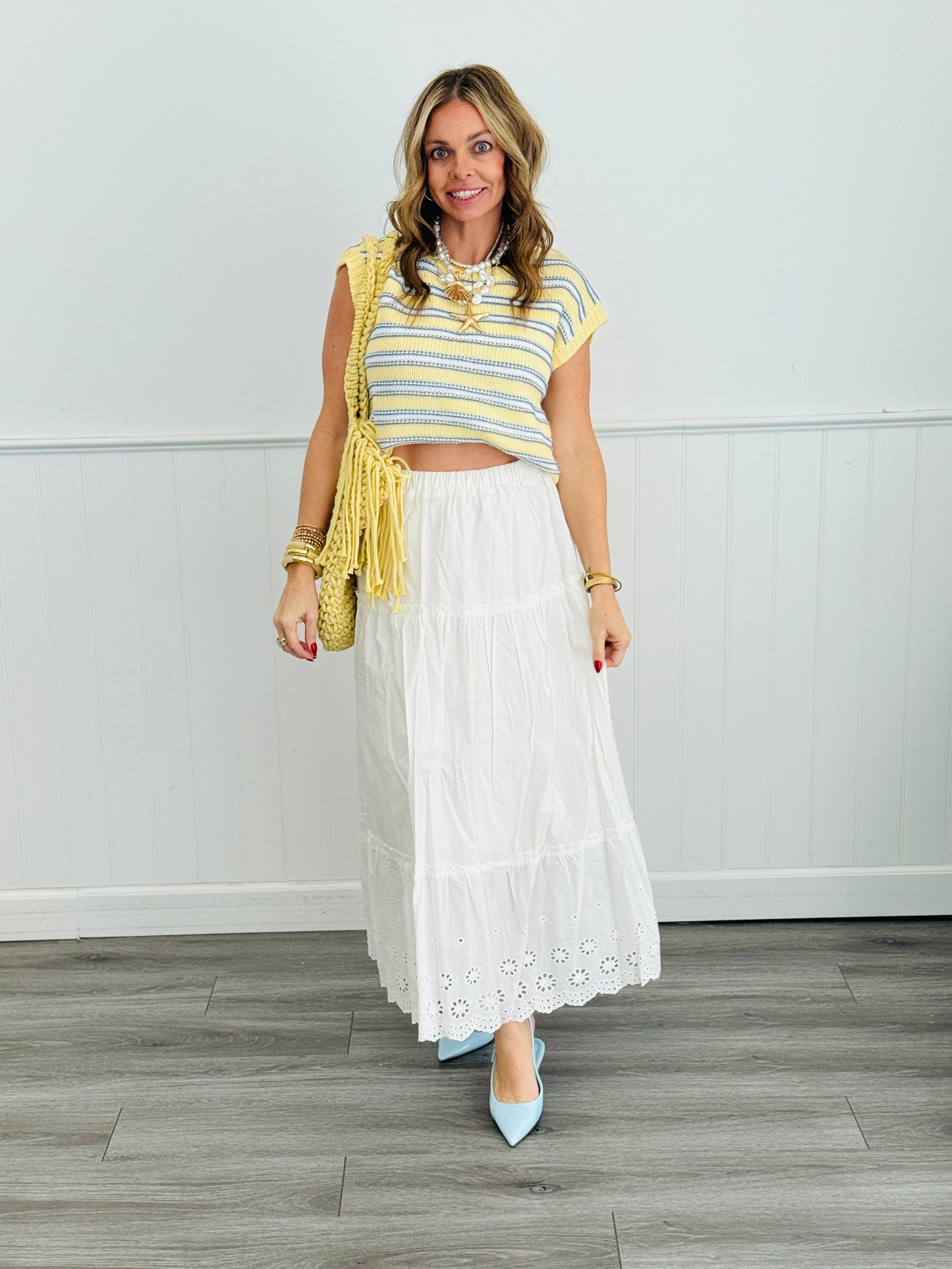 White Eyelet Trim Midi Skirt (Reg.)