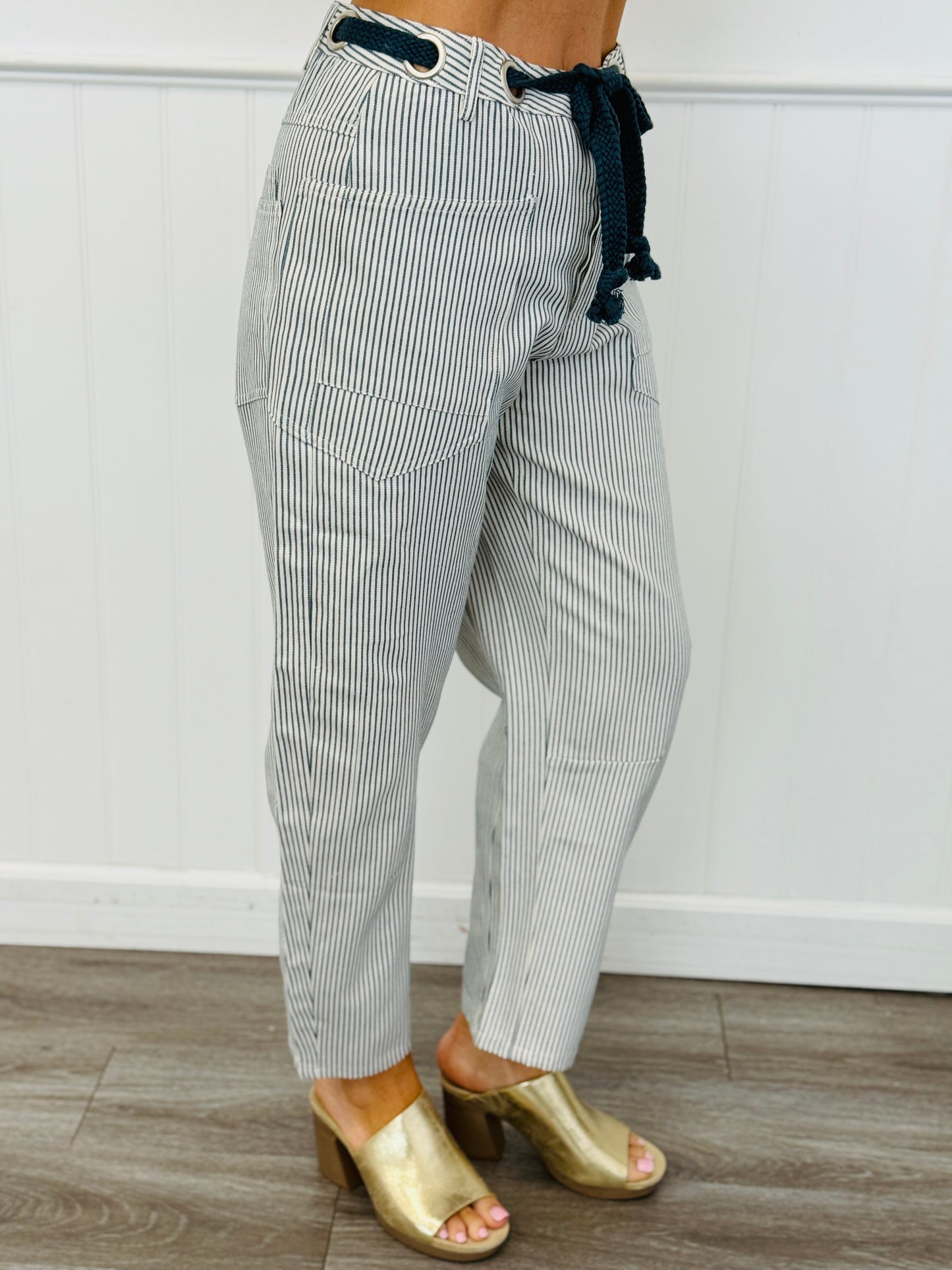 Dusty Blue Striped Grommet Waist Tie Barrel Pants (Reg. and Plus)