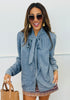 Tie Neck Denim Button Up Blouse (Reg. & Plus)