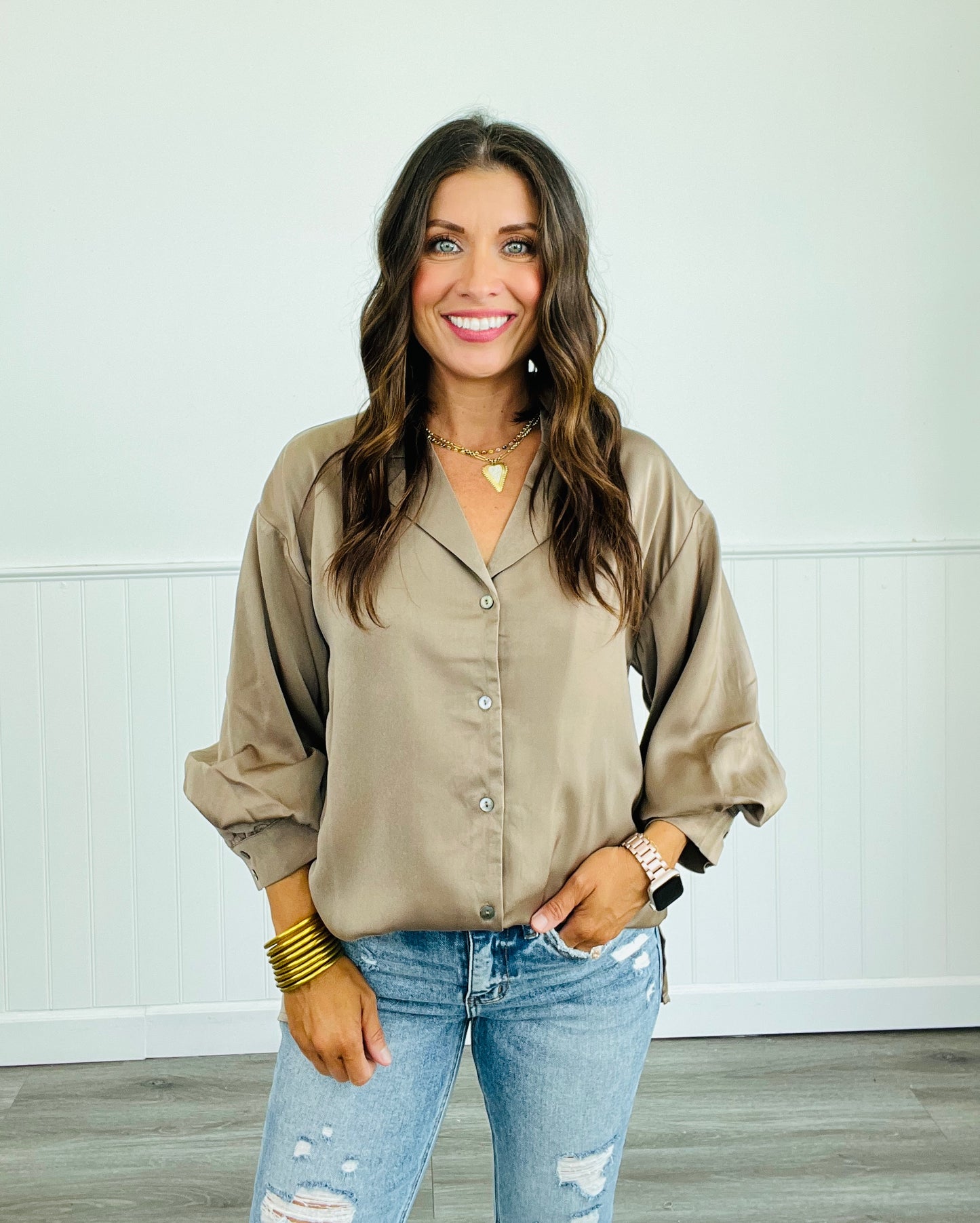 Satin Button Down 3/4 Sleeve Blouse (Reg.) - 2 Colors