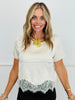 Cream Lace Trim Satin Short Sleeve Blouse (Reg. and Plus)