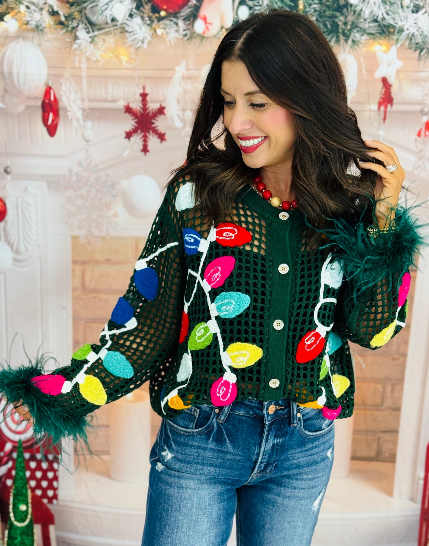 Queen Of Sparkles Dk Green Crochet Christmas Light Feather Sleeve Cardigan (Reg. and Plus)