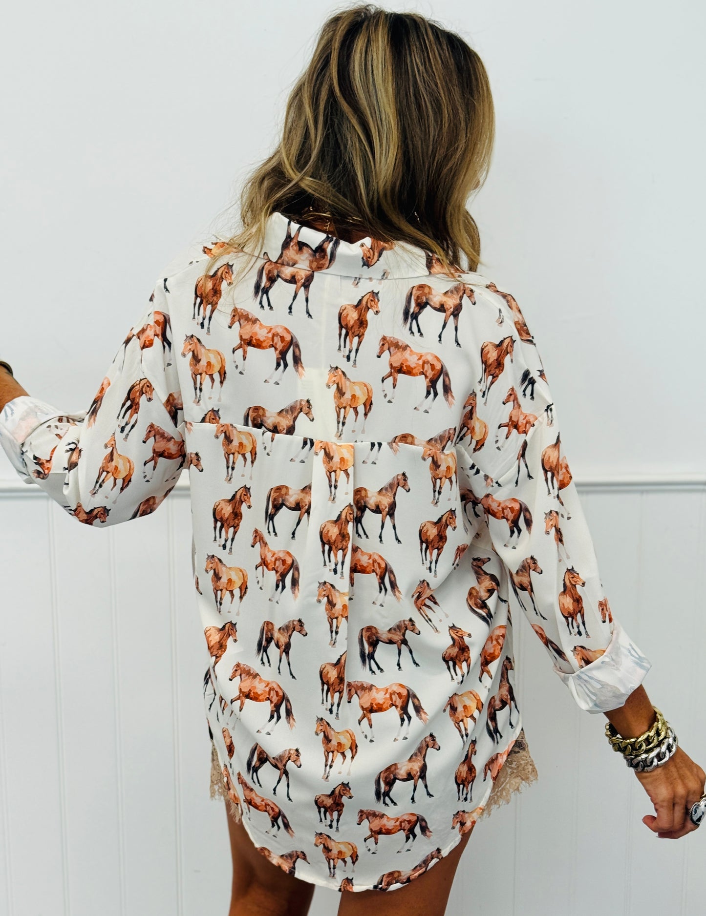 Horse Print Kathryn Classic Button Down Top (Reg. & Plus)