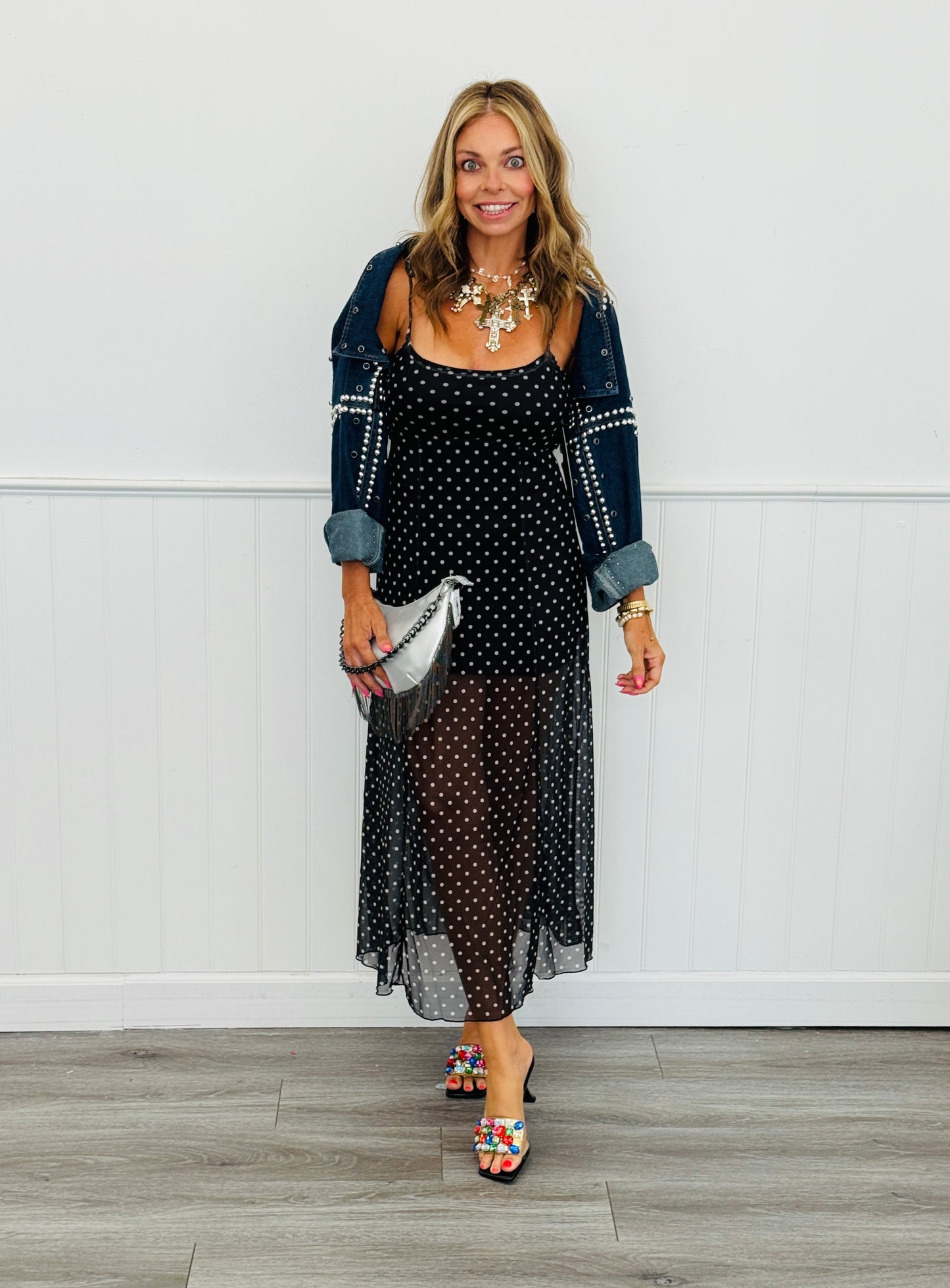 Black Sheer Mesh Polka Dot Midi Dress (Reg.)