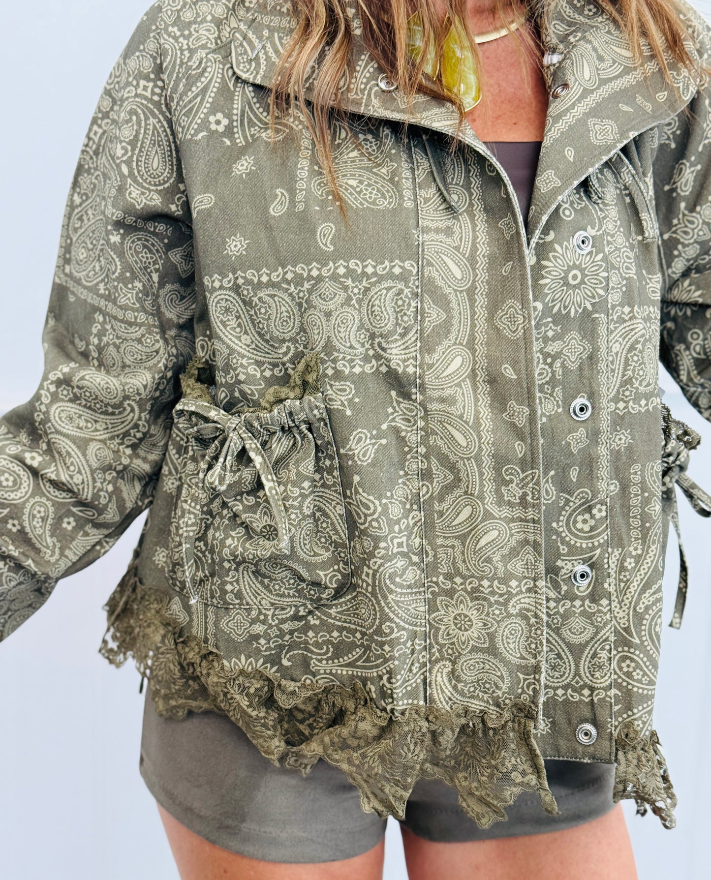 Olive Bandana Paisley Print Lace Trim Jacket (Reg & Plus)