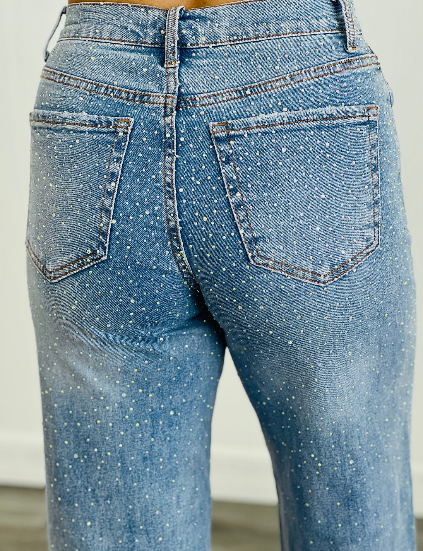Sparkly Rhinestone Cuffed Wide Leg Jeans (Reg.)