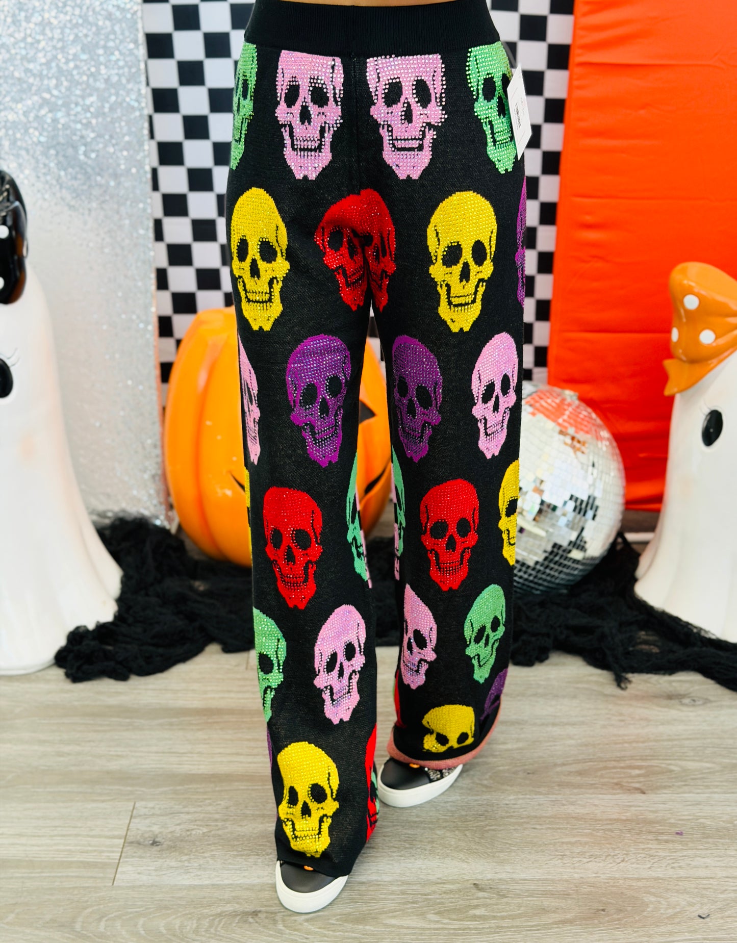 Queen Of Sparkles Black Multi Skull Rhinestone Knit Pants (Reg. and Plus)