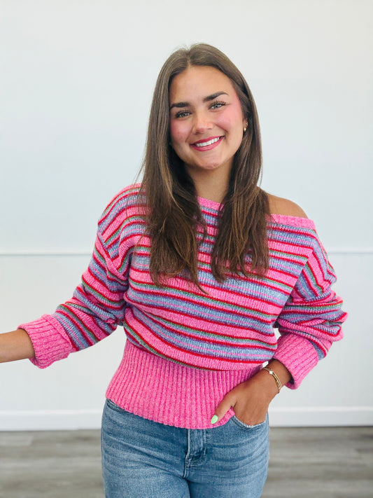 Pink/Red Striped Off Shoulder Sweater (Reg. and Plus)