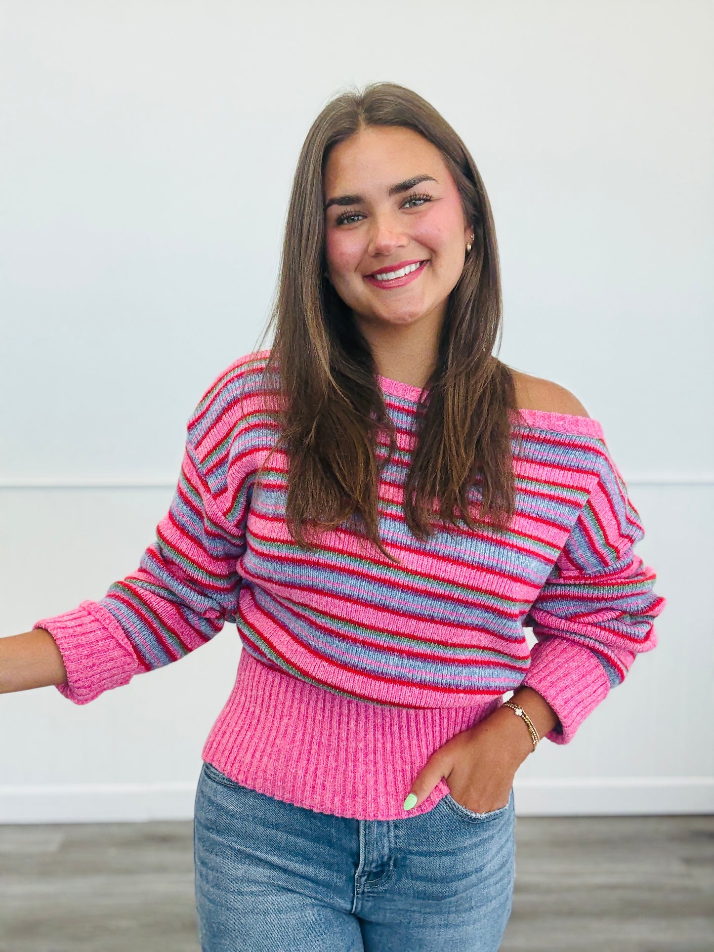 Pink/Red Striped Off Shoulder Sweater (Reg. and Plus)