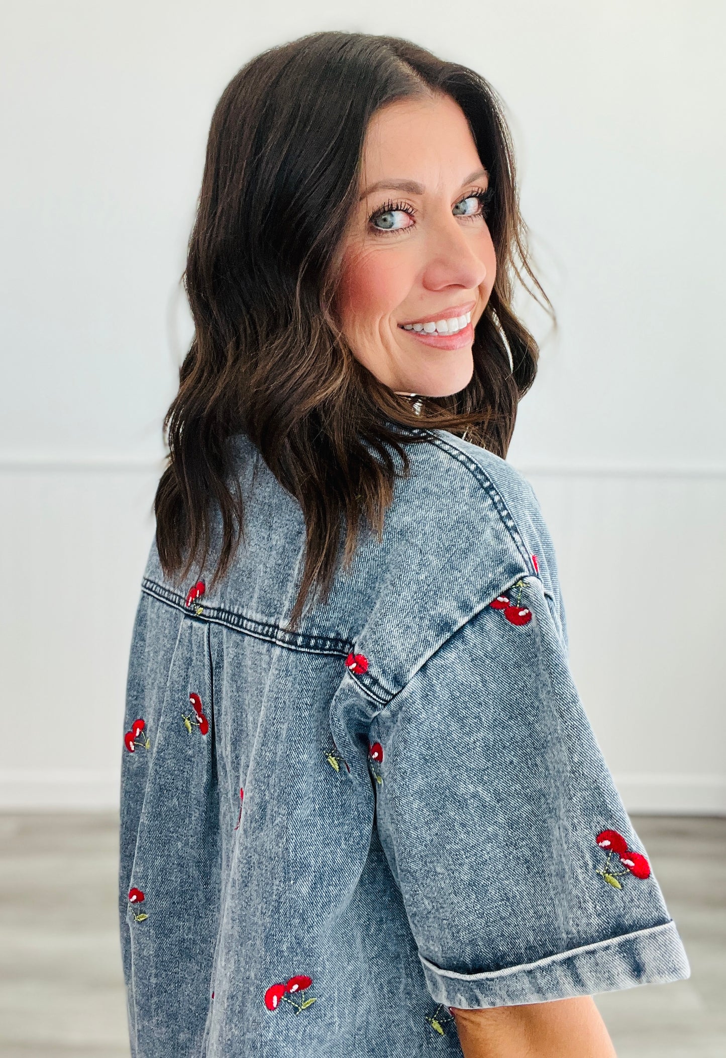 Denim Cherry Embroidered Mini Shirt Dress (Reg. and Plus)