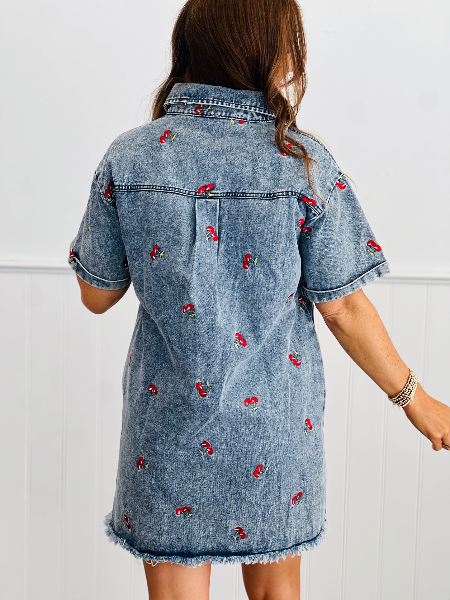 Denim Cherry Embroidered Mini Shirt Dress (Reg. and Plus)