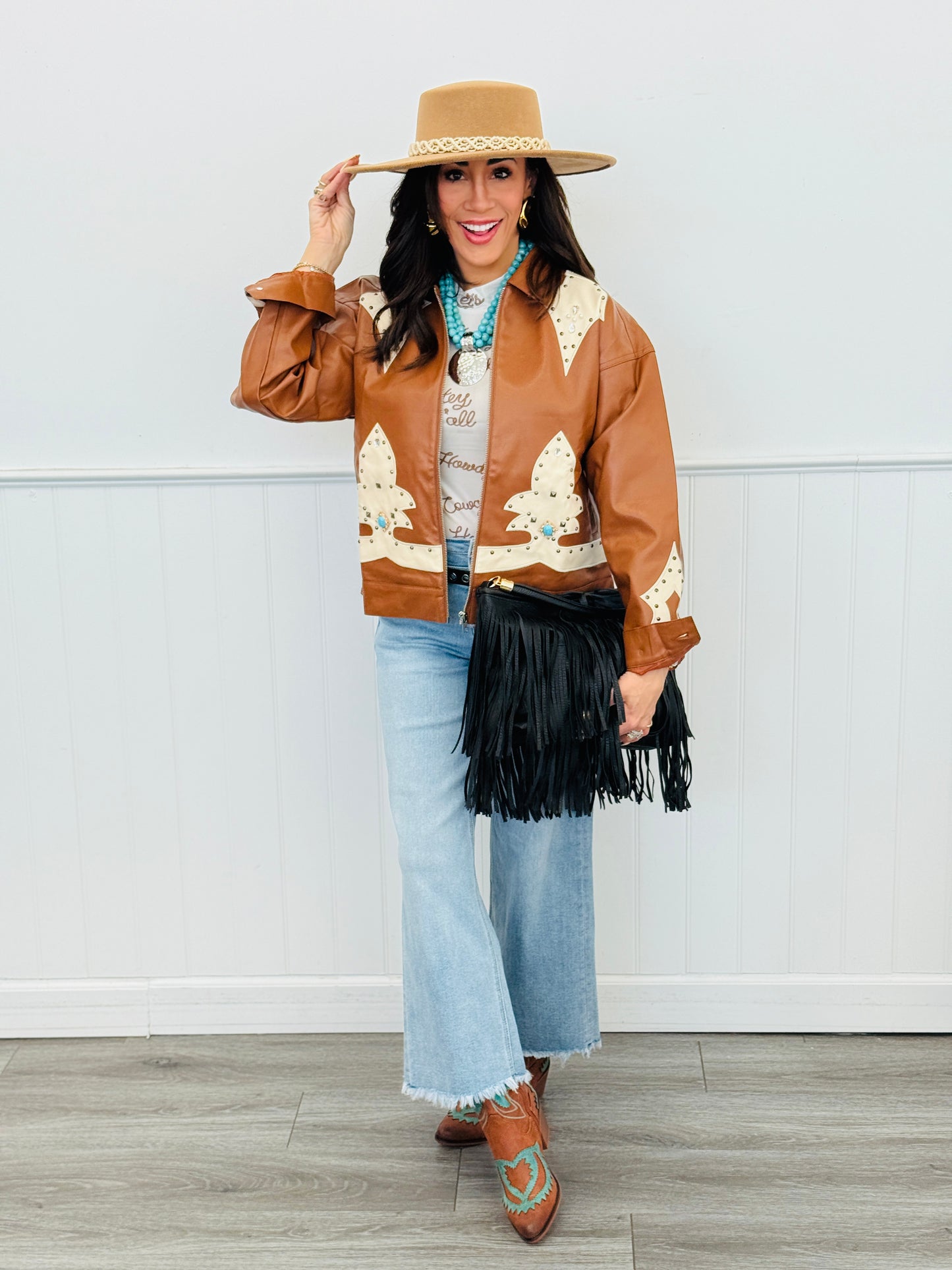 Sienna Brown Faux Leather Studded Jacket (Reg.)