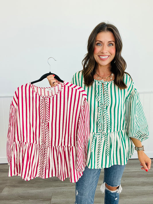 Contrast Stripes Peplum Blouse (Reg & Plus)-2 Colors