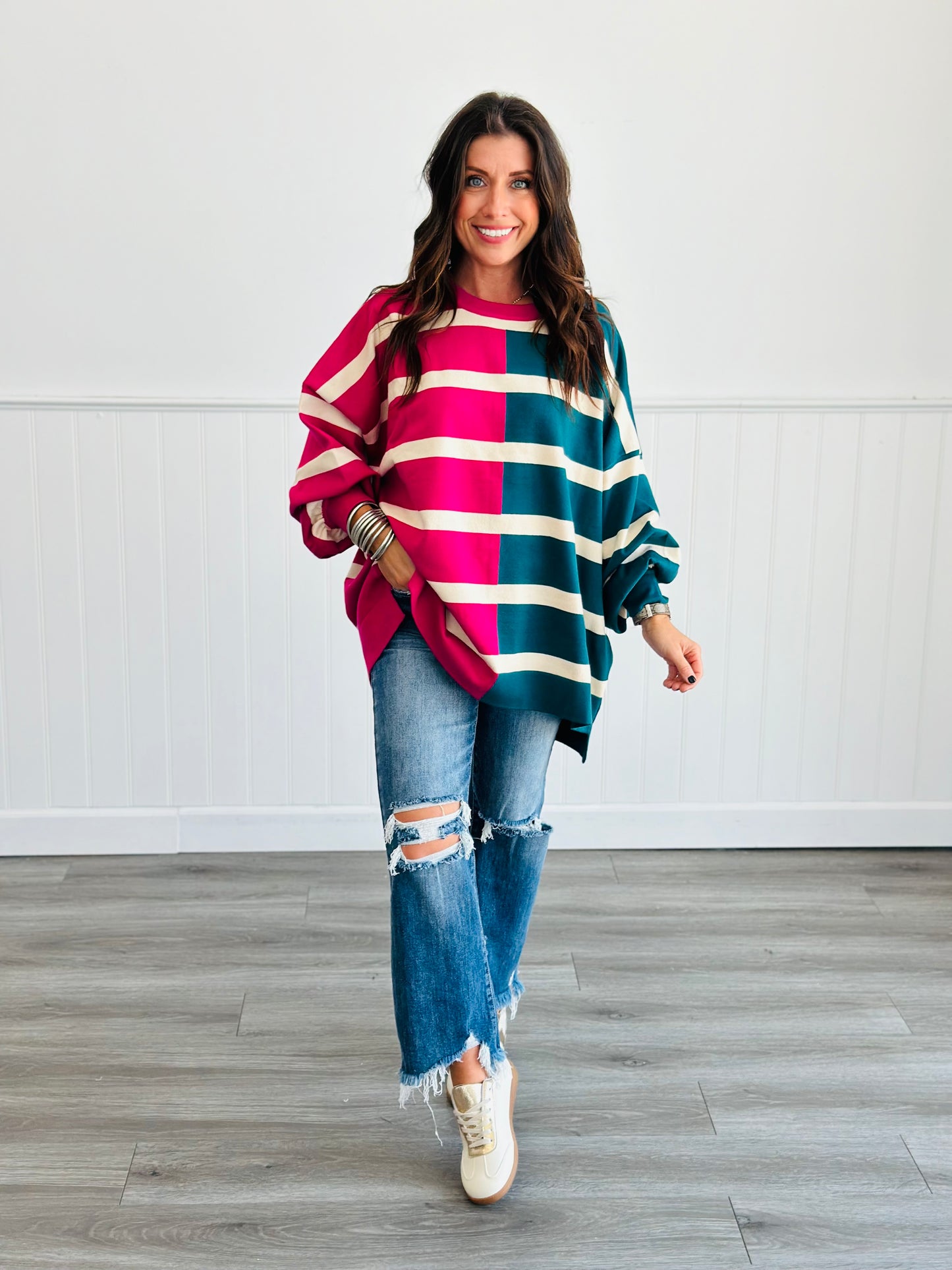 Fuchsia/Teal Striped Loose Fit Top (Reg. and Plus)