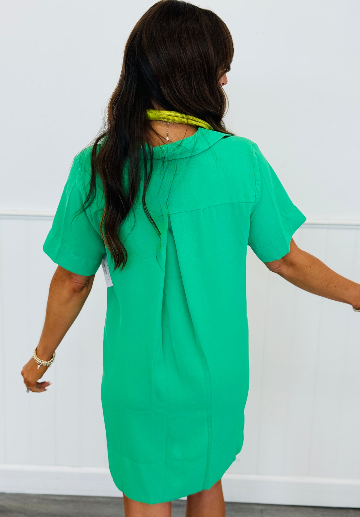 Green Pullover Back Pleat Mini Dress (Reg.)