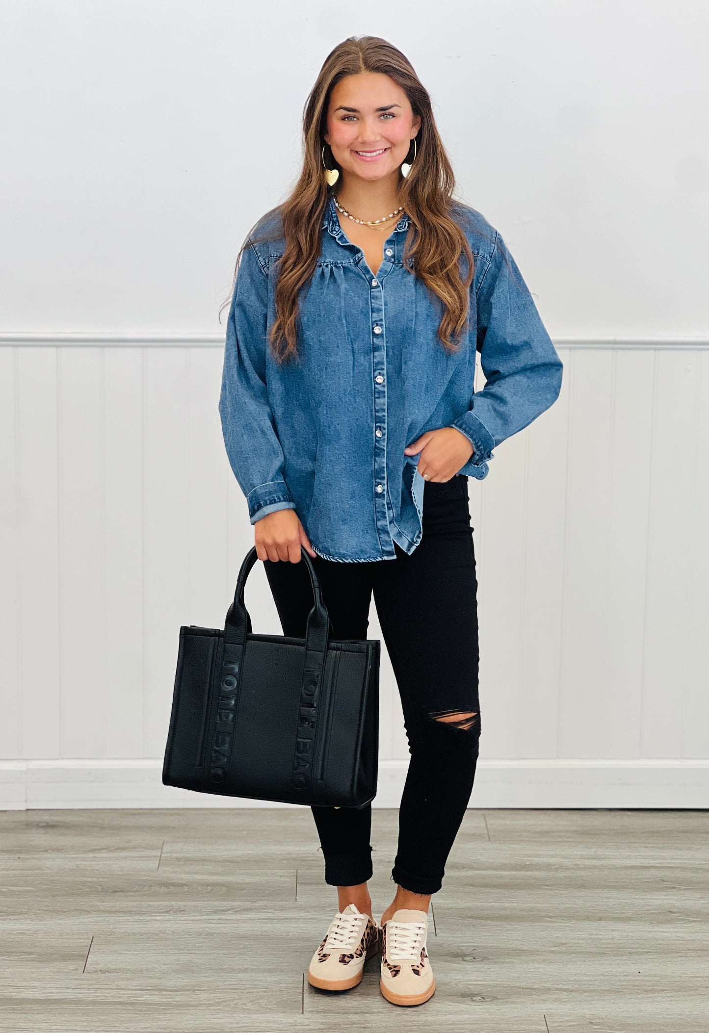Denim Button Down Blouse (Reg. & Plus)