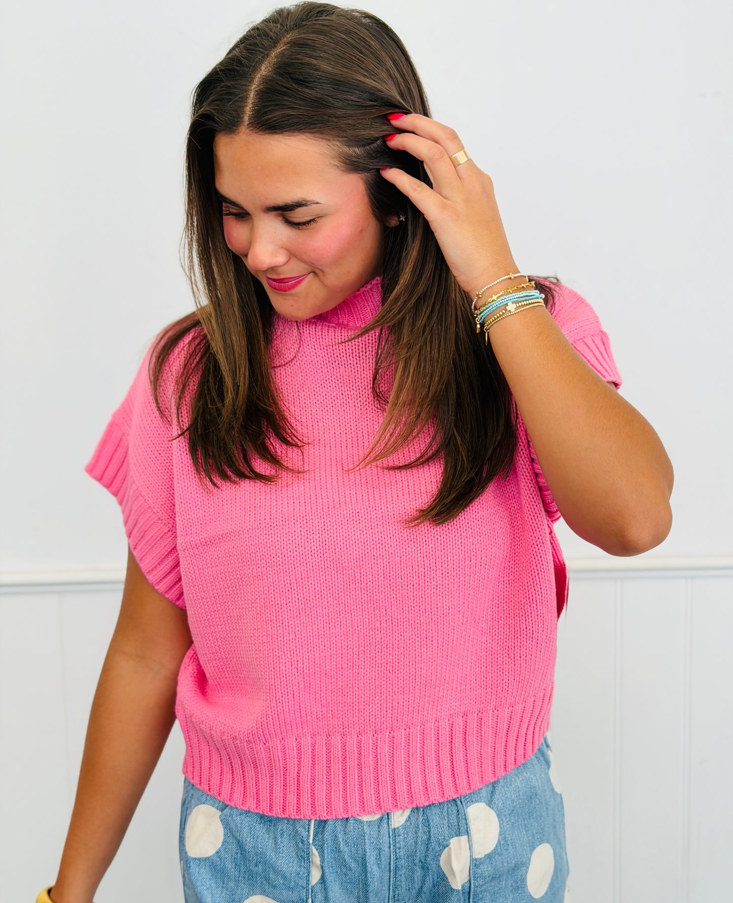 Pink Mock Neck Ribbed Dolman Sweater Top (Reg.)