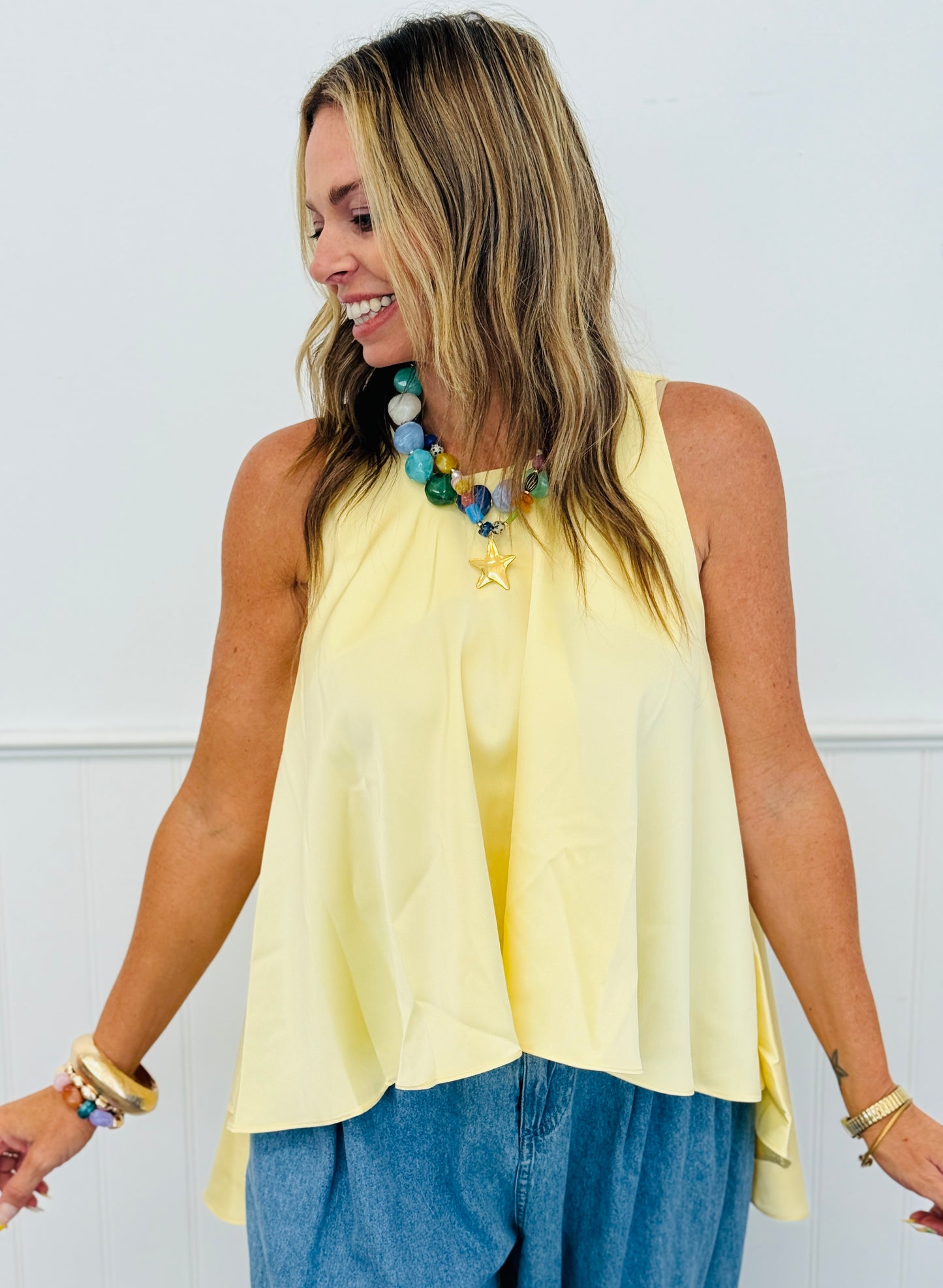 Lemon Satin High Low Sleeveless Blouse (Reg.)