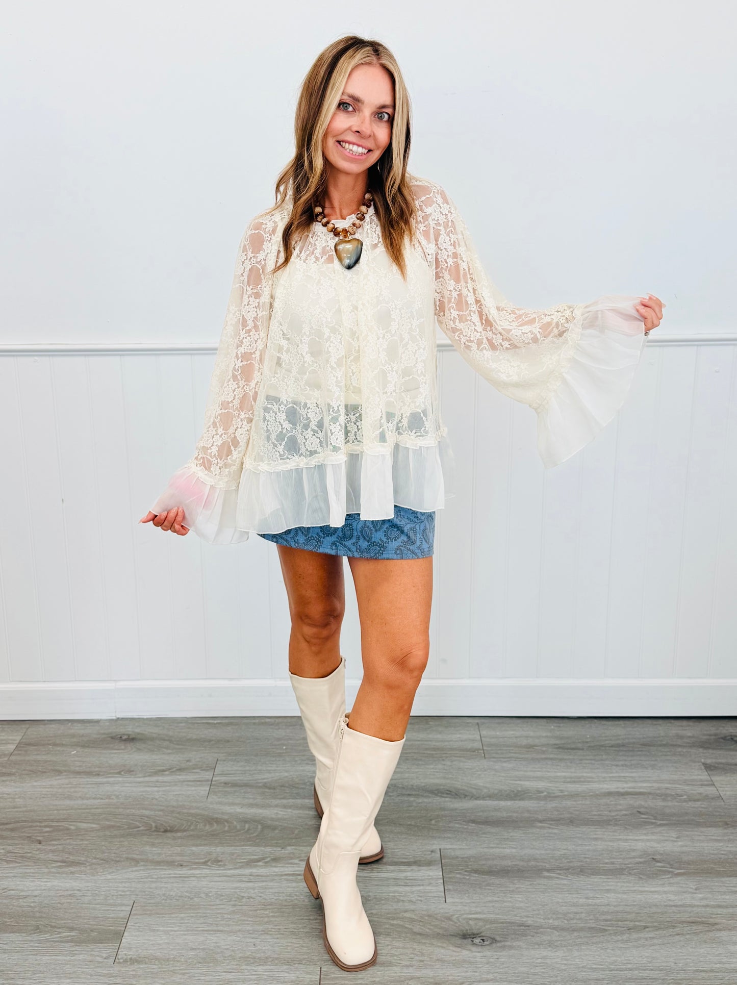 Cream Lace Long Sleeve Blouse (Reg. and Plus)